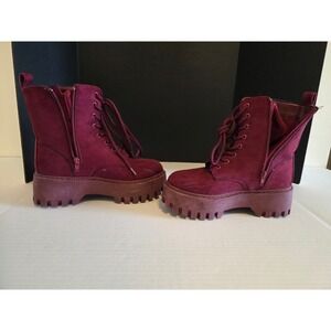 Broadway Burgundy Faux Suede Platform Combat Boots Lug Sole Lace Up Side Zip 7